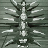 Five female CBU students with their arms extended, circa 1977