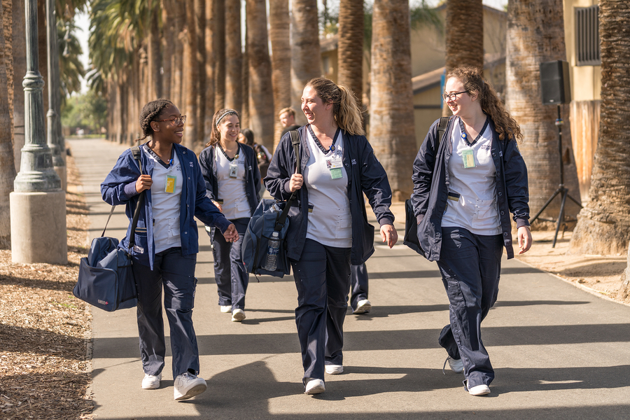 nursing students walking by palm trees
